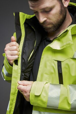 Viking Rubber Evosafe Zip In Reversible Hi Vis Jacket - 511012-520 wearing zipped into shell jacket